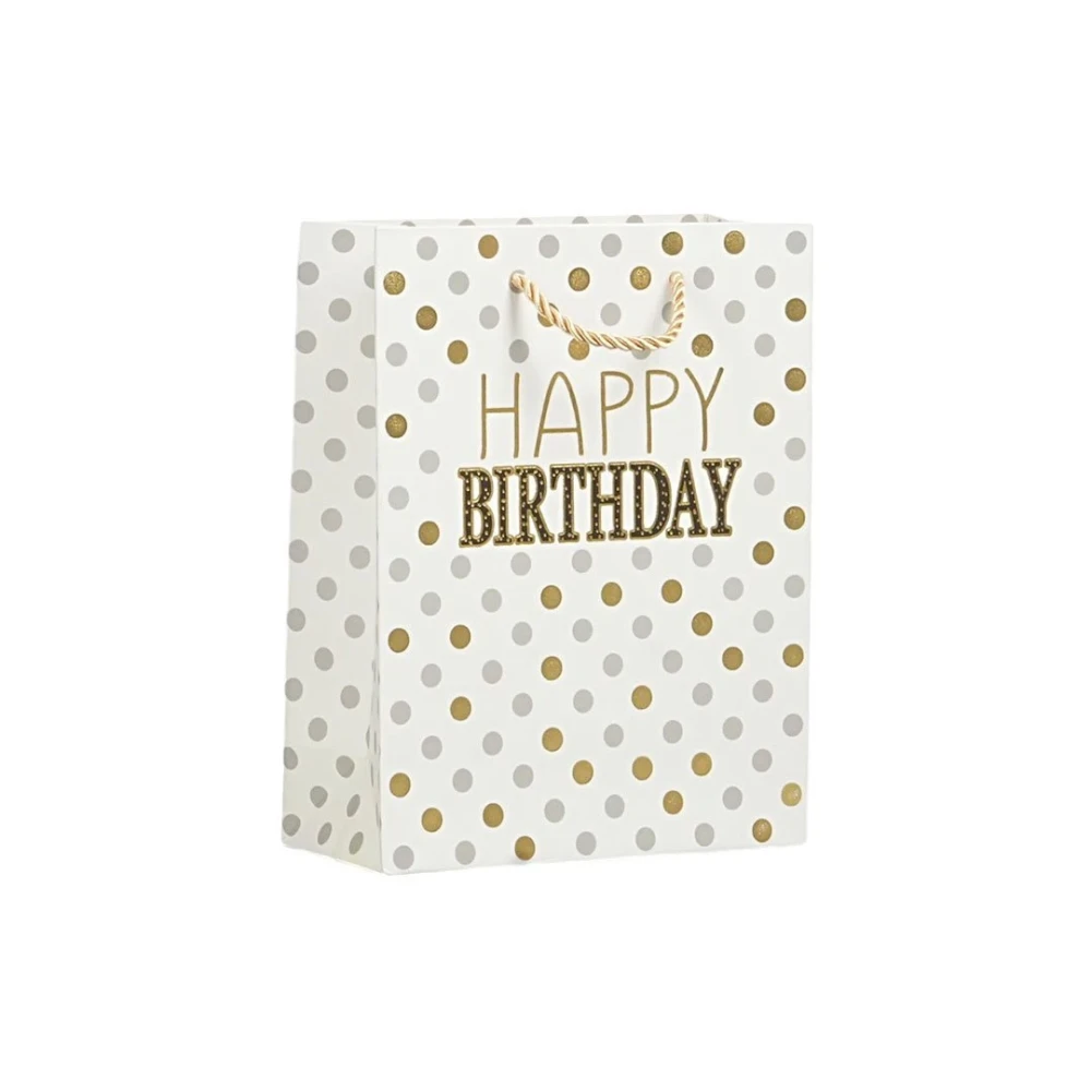 Подаръчна торбичка Happy Birthday, 18 х 23 х 8 cm, точки бяла