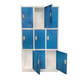 Снимка на Гардероб RFG, метален, троен, с девет клетки, 90 x 45 x 185 cm, сив корпус, врати със син цвят