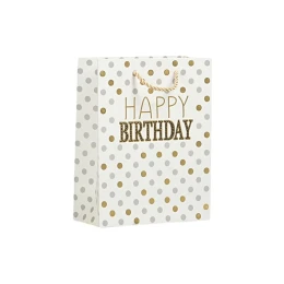 Снимка на Подаръчна торбичка Happy Birthday, 18 х 23 х 8 cm, точки бяла