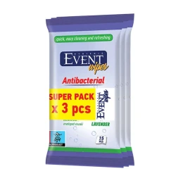 Снимка на Мокри кърпи Лавандула Event, антибактериални, 3 x 15 броя