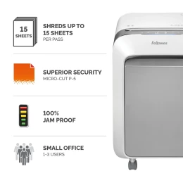 Снимка на Шредер за унищожаване на документи Fellowes LX211, Micro-Cut, 23 L, бял, P-5, за 1-3 потребителя