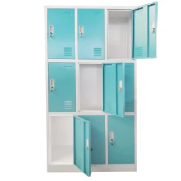 Снимка на Гардероб RFG, метален, троен, с девет клетки, 90 x 45 x 185 cm, сив корпус, врати с тюркоазен цвят